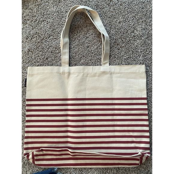 J Crew Tote/Travel Adult Canvas Striped Cotton Burgundy Stripe Large - Picture 2 of 8